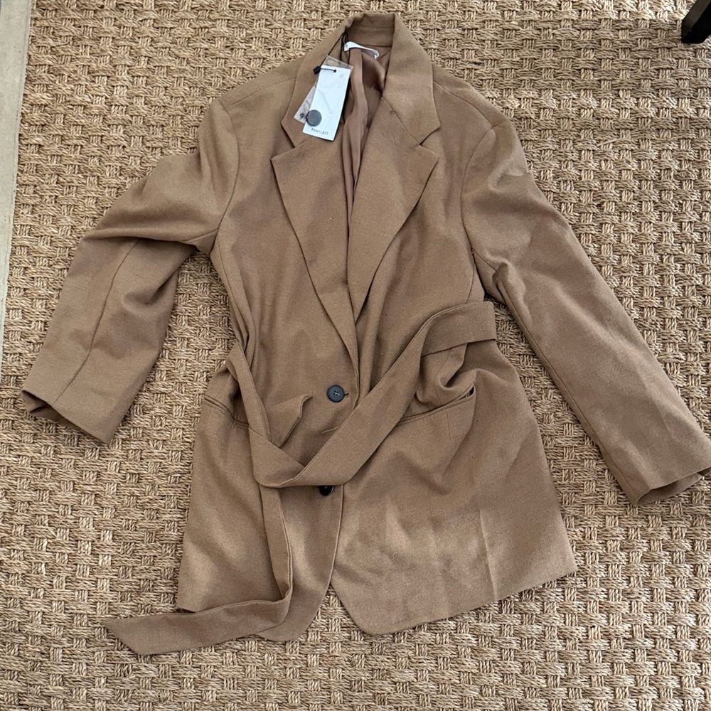 Mango MNG Brown Tan Blazer coat Americana 100Blanca with Belt women’s sz 4 NEW